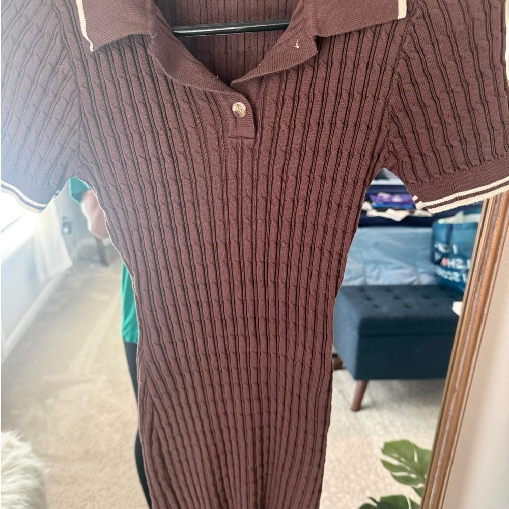 Brown Knit Polo Dress - Women's Short Sleeve Ribbed Dress